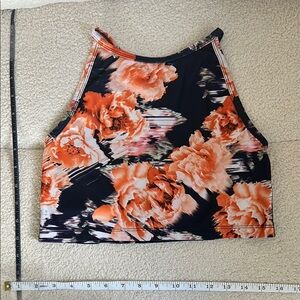 Floral High Neck Longline Workout Crop Tank - Dark Navy and Orange